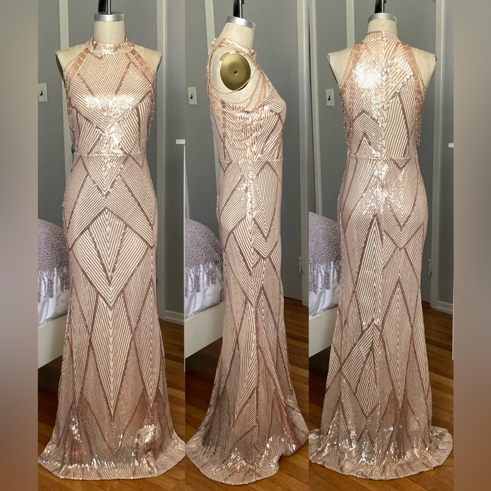 Womens Miss Ord sequin rose gold evening dress in size M